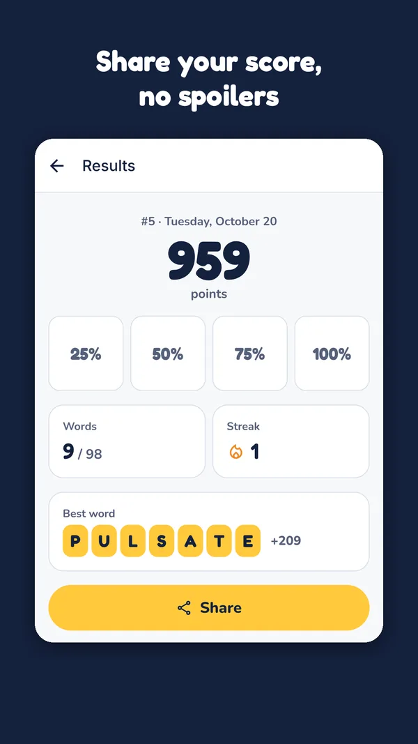 Results screen with score and share button