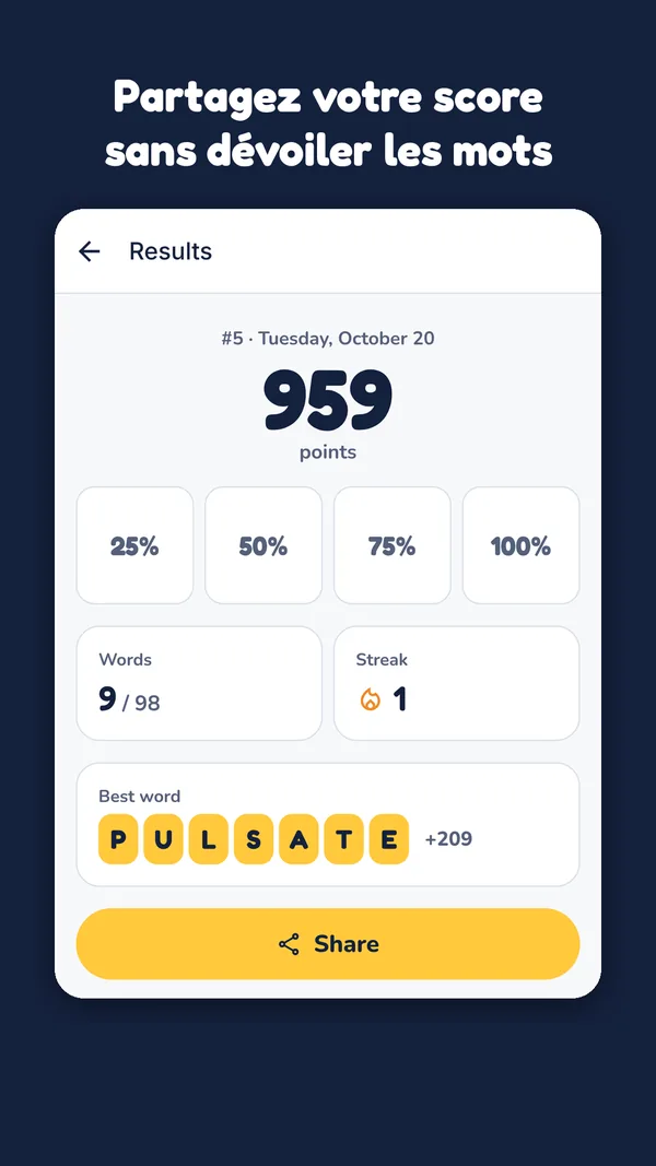 Écran des résultats avec le score et le bouton de partage