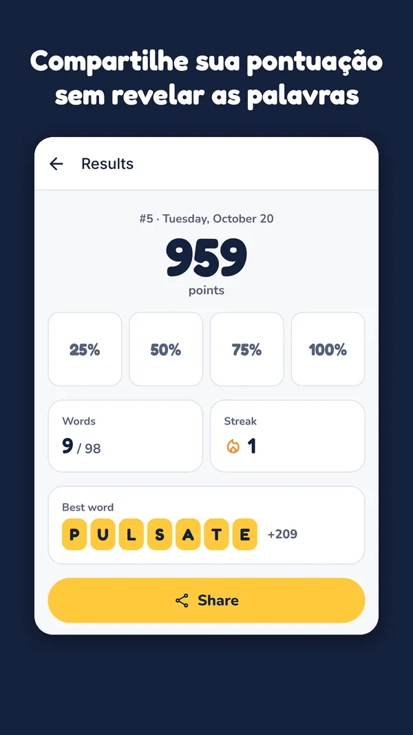Tela de resultados com pontuação e botão de compartilhar