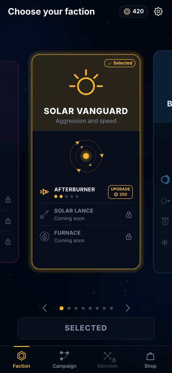 Scelta della fazione: Avanguardia Solare con l'abilità Postcombustione