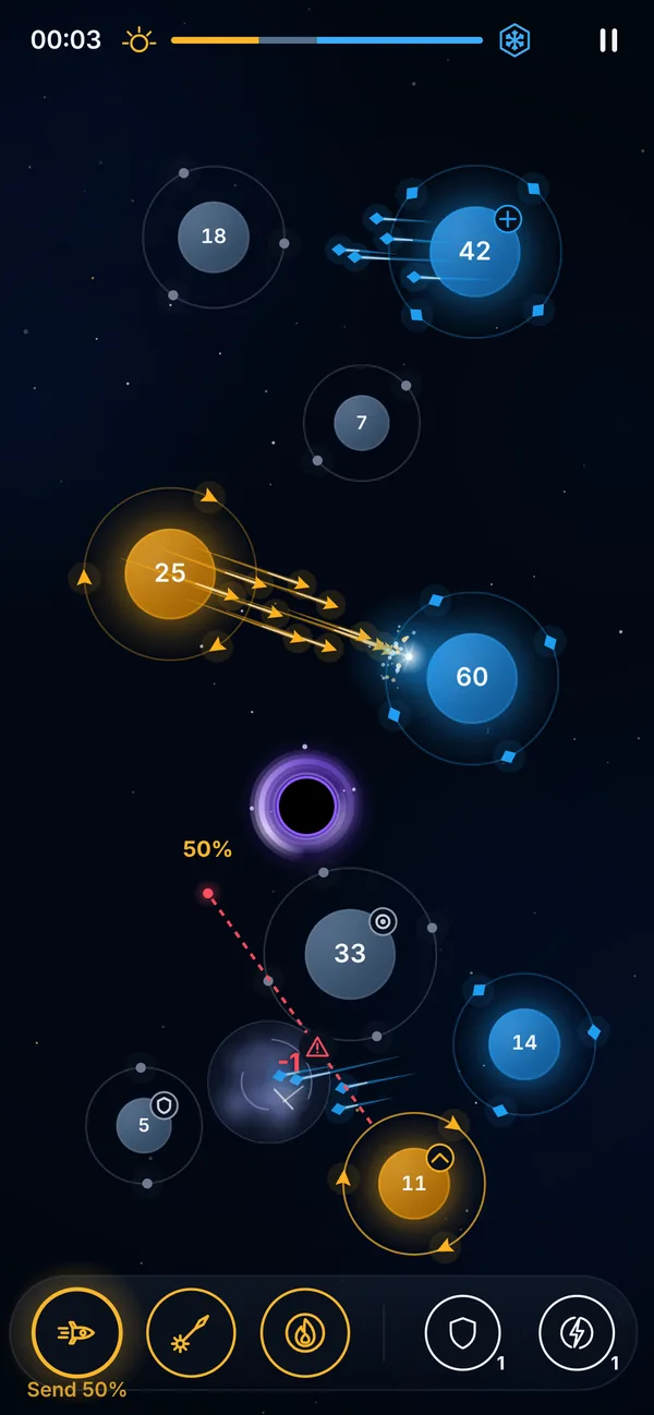 Partita in corso: stelle gialle che attaccano stelle blu, con un buco nero sulla mappa