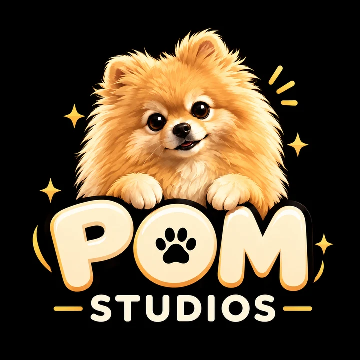 Logo de Pom Studios: un spitz alemán apoyado en las letras POM, con la palabra Studios debajo